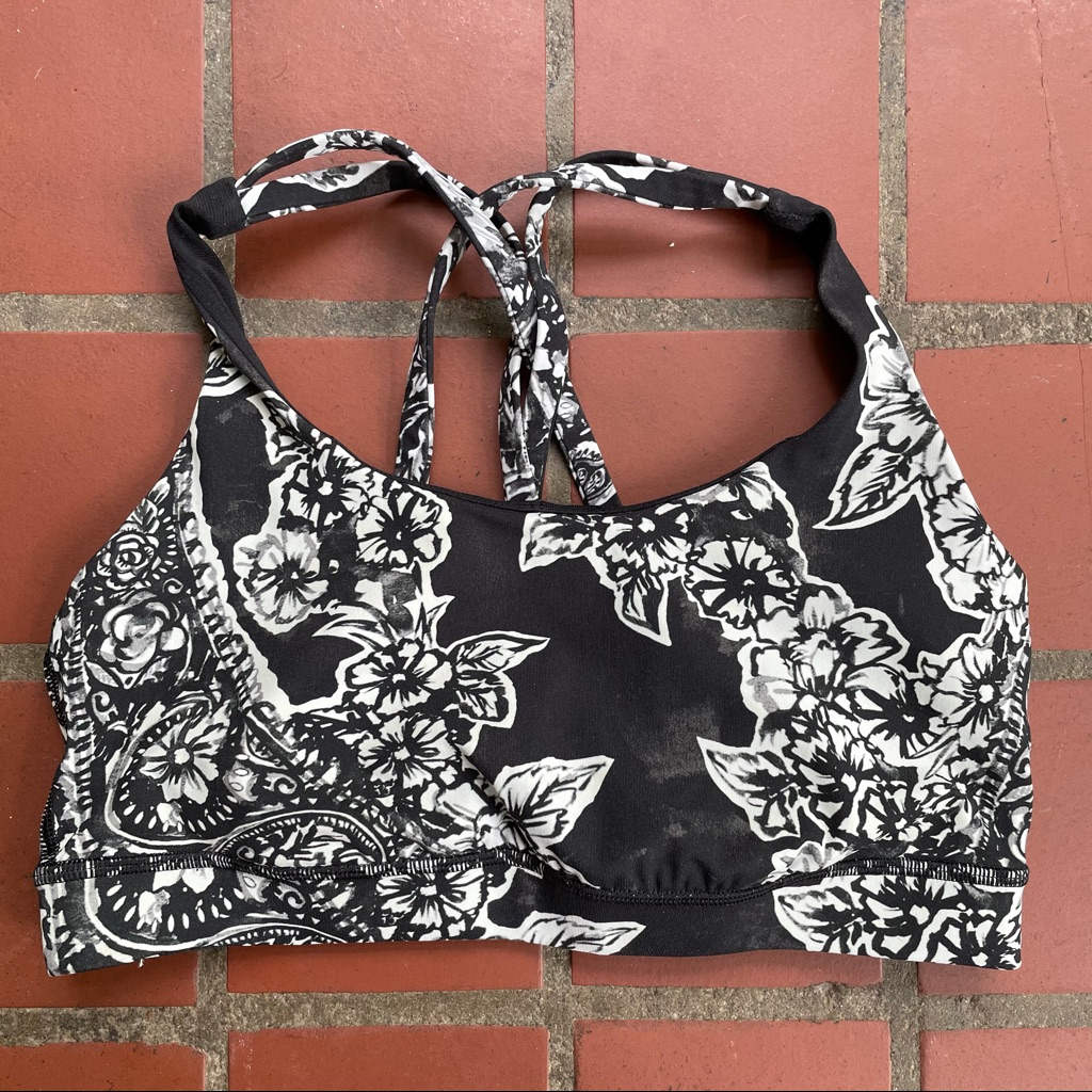 Lululemon Black And White Floral Print Energy Bra, Size 6